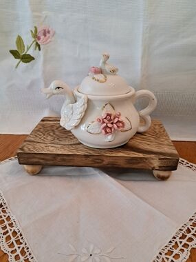 (Rare) Vintage Porcelain Swan Teapot with Pink Floral Accents